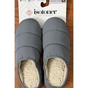 Isotoner Mens Hoodback Slippers, NEW Sz XL 11-12 Grey Memory Foam Faux Fur Gray